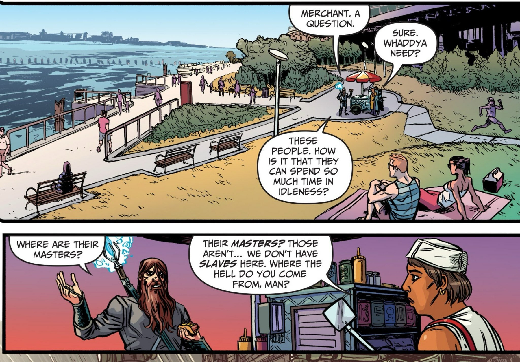 Photo of the comic book in which a bearded man (Wizord) asks a merchant why people by the riverside are idle, leading to a conversation about the absence of masters and slaves.